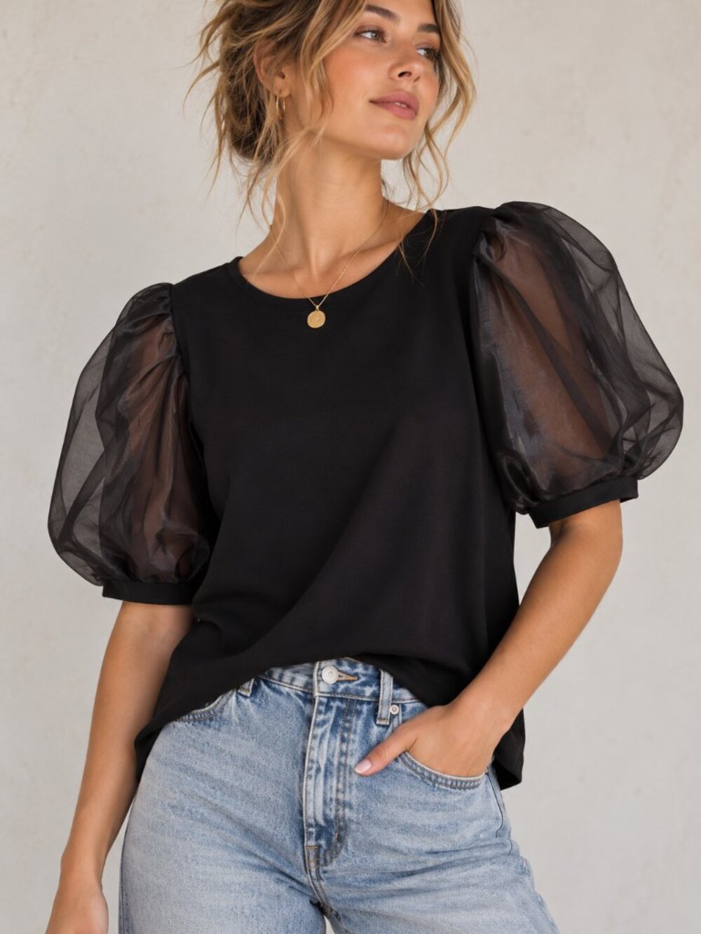 Adrianna Papell Black Puff Sleeve Top Romantic Coquette Dark Feminine Top L